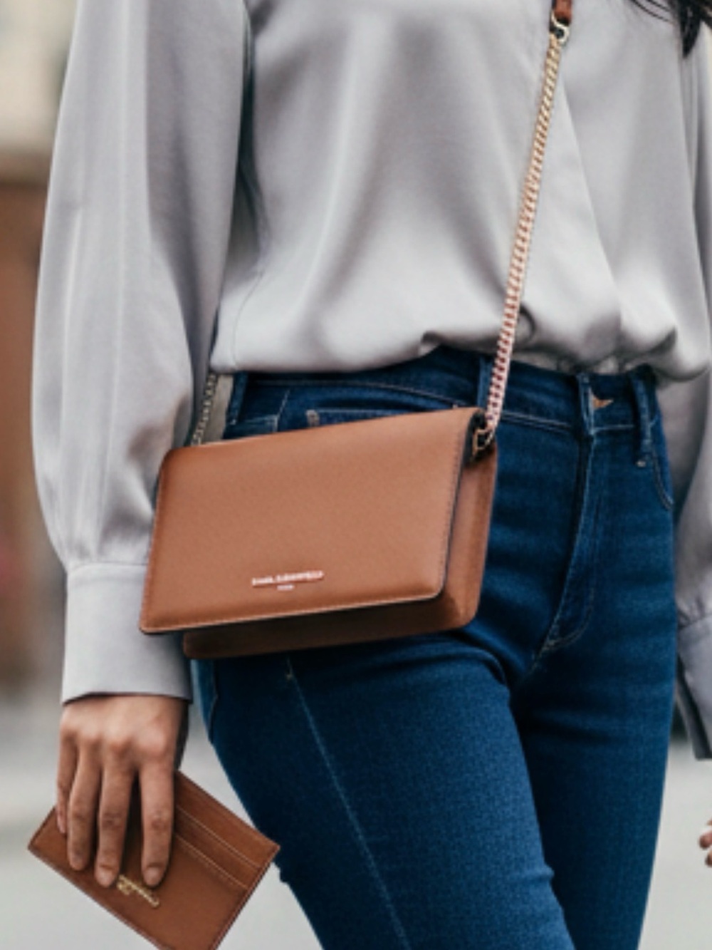 Karl Lagerfeld Brown Saffiano Crossbody with Gold Chain and Cardholder